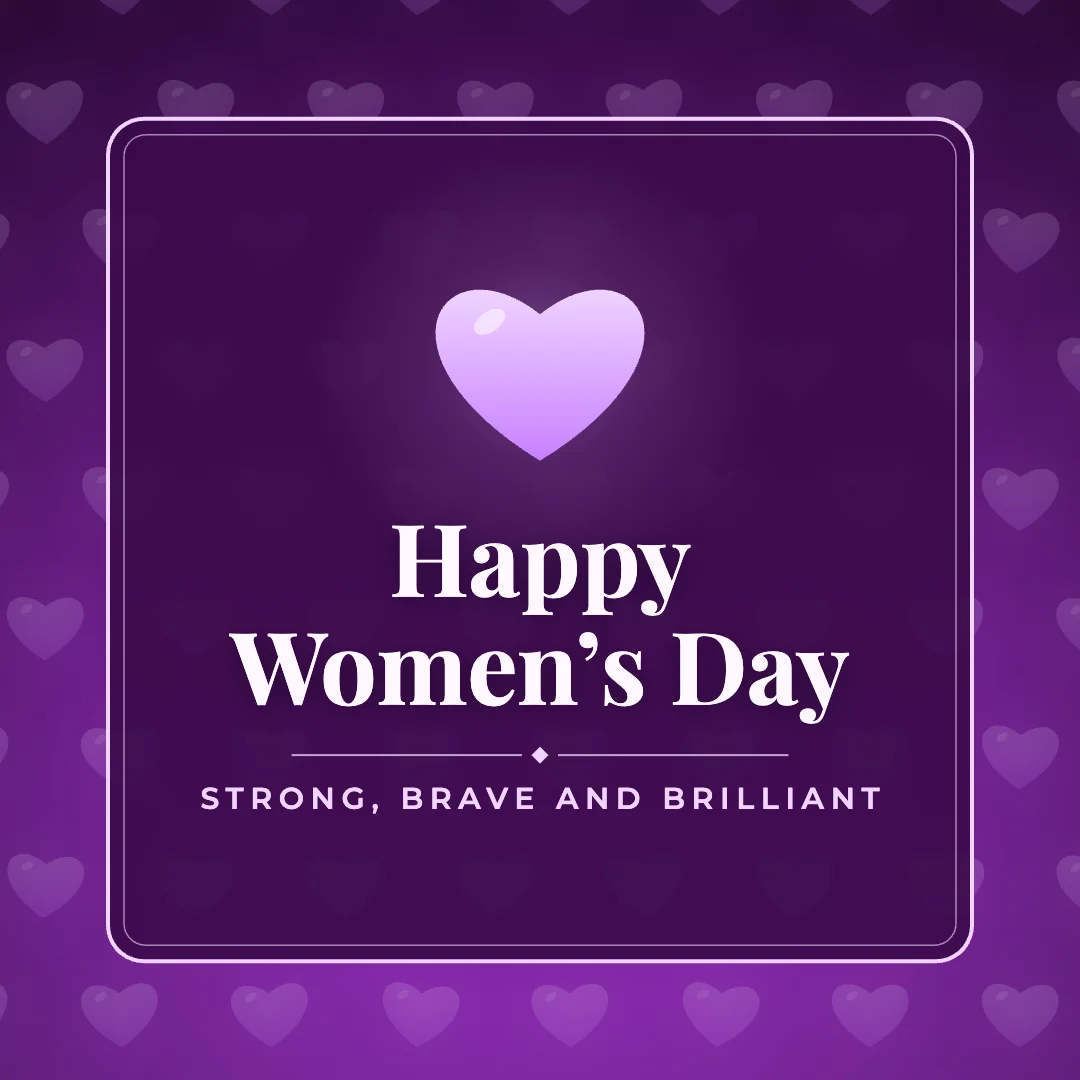 Happy Women’s Day greeting image in pattern panel style with the wish “Strong, brave and brilliant”